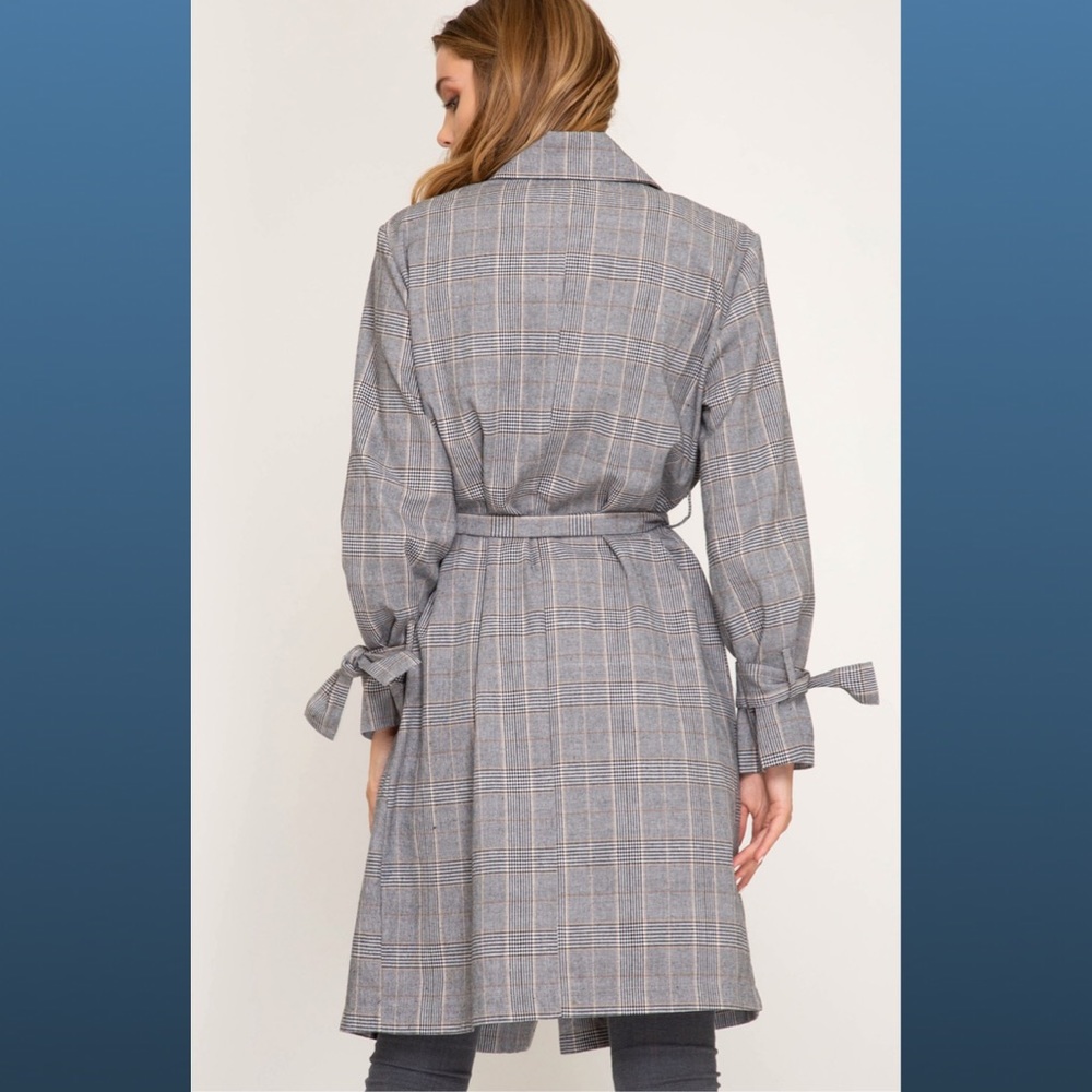 Glen Plaid Belted Duster Trench Rain Coat Gray - Picture 2 of 5